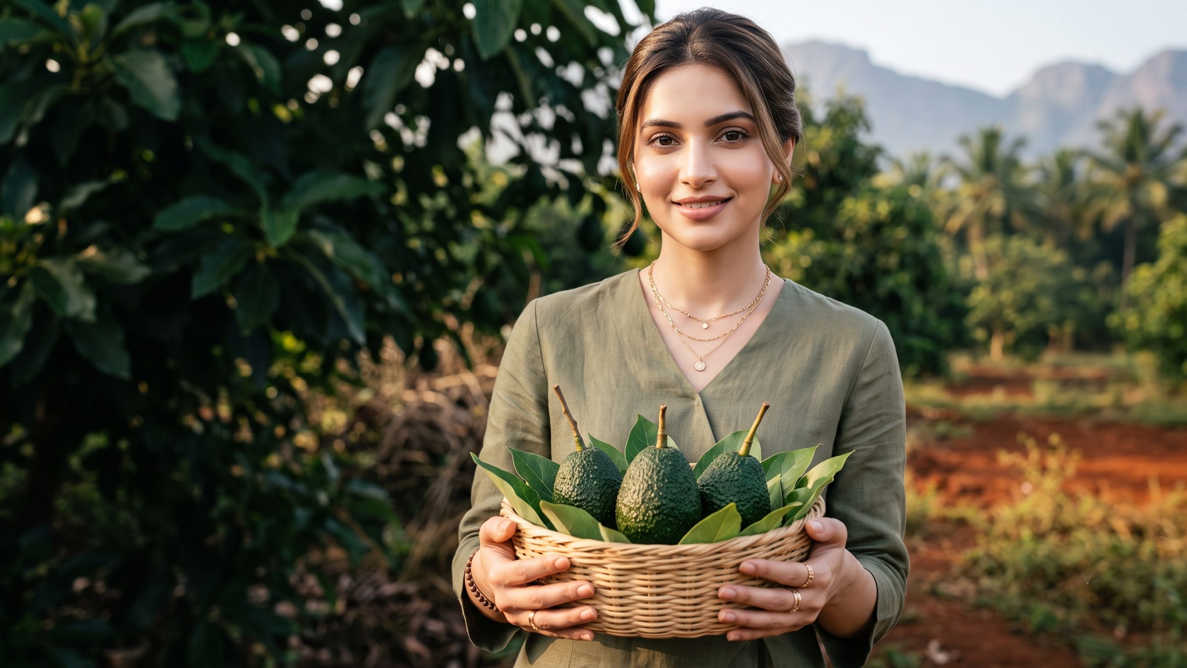 A smiling woman in a sage-green kurta holding a woven basket of freshly picked avocados in an orchard, hills behind her