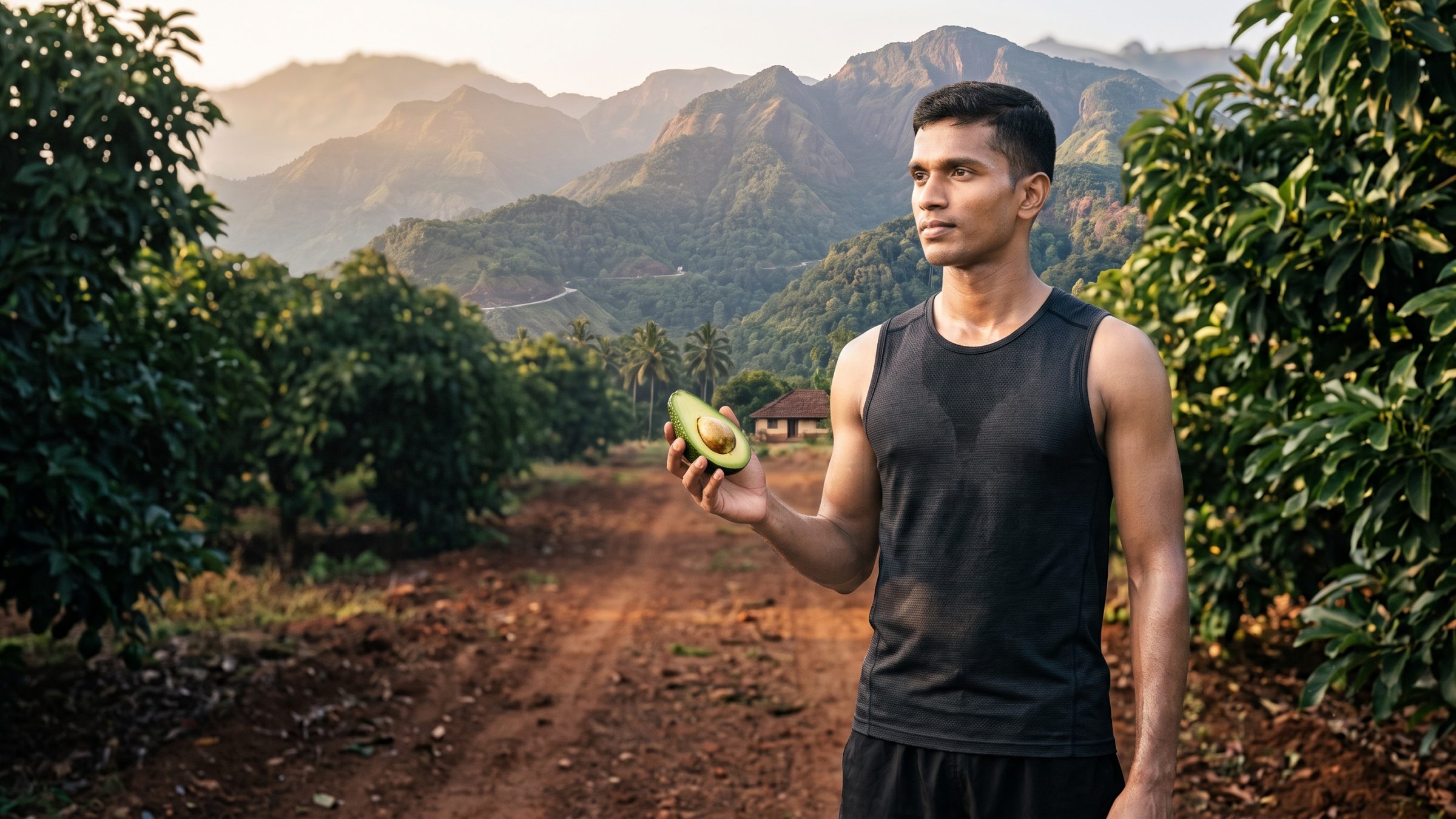 A young man in a black sports vest holding half an avocado on a dirt path through an avocado orchard, hills behind him